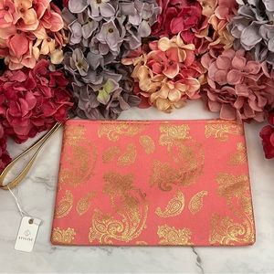 Coral Pink & Metallic Gold Pineapple Makeup Cosmetic Wristlet Clutch Bag